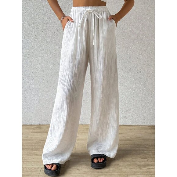 Cotton drawstring pants textured wide leg pants boho white - Picture 1 of 6